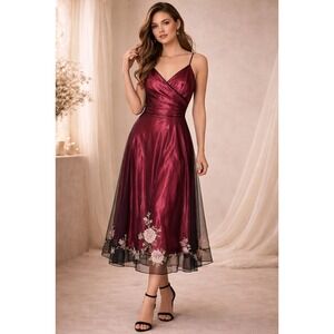 Betsey Johnson NY Y2K Burgundy Satin Mesh Floral Midi Cocktail Dress Size 4